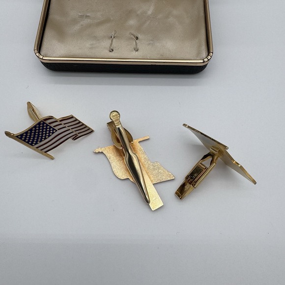 Vintage US American Flag Enamel Cuff Links Tie Tack USA Unbranded Gold - Picture 8 of 11